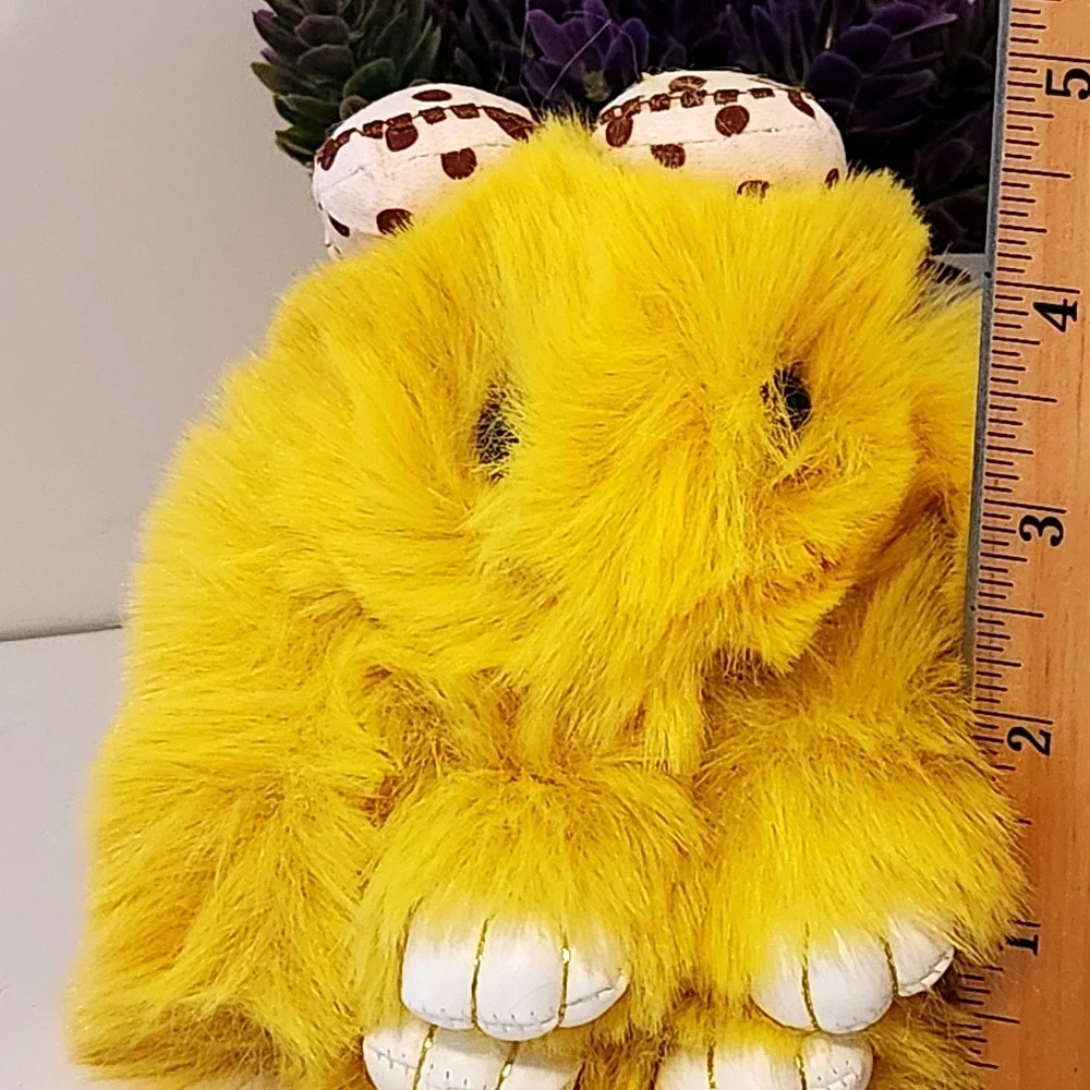 Yellow Faux Fur Bunny Keychain Plush Bag Charm Polka Dot Bow 5 Inch
